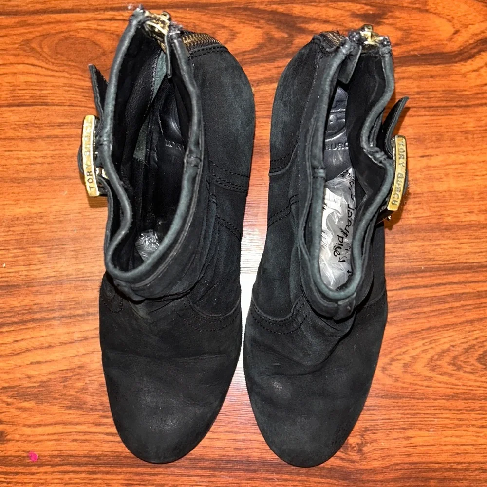 Tory Burch Deanna Black Suede Ankle Booties with Gold Buckle Sz 9 1/2